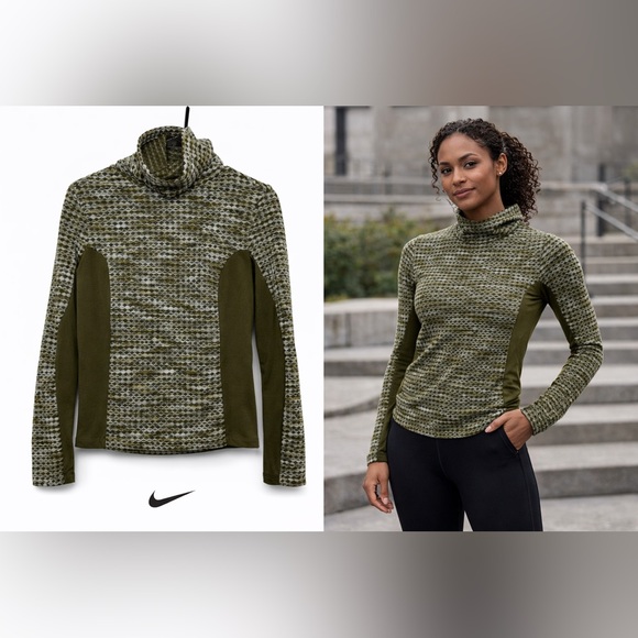 Nike Sweaters - Nike Pro Hyperwarm Thermal Training Top Olive Green Textured Performance Medium